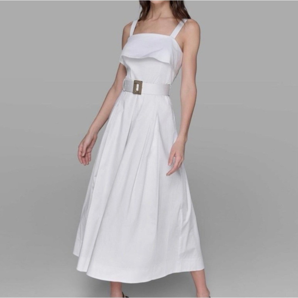 Karl Lagerfeld Sleeveless Square Neck Belted White Midi Dress Womens Size 8 NWT